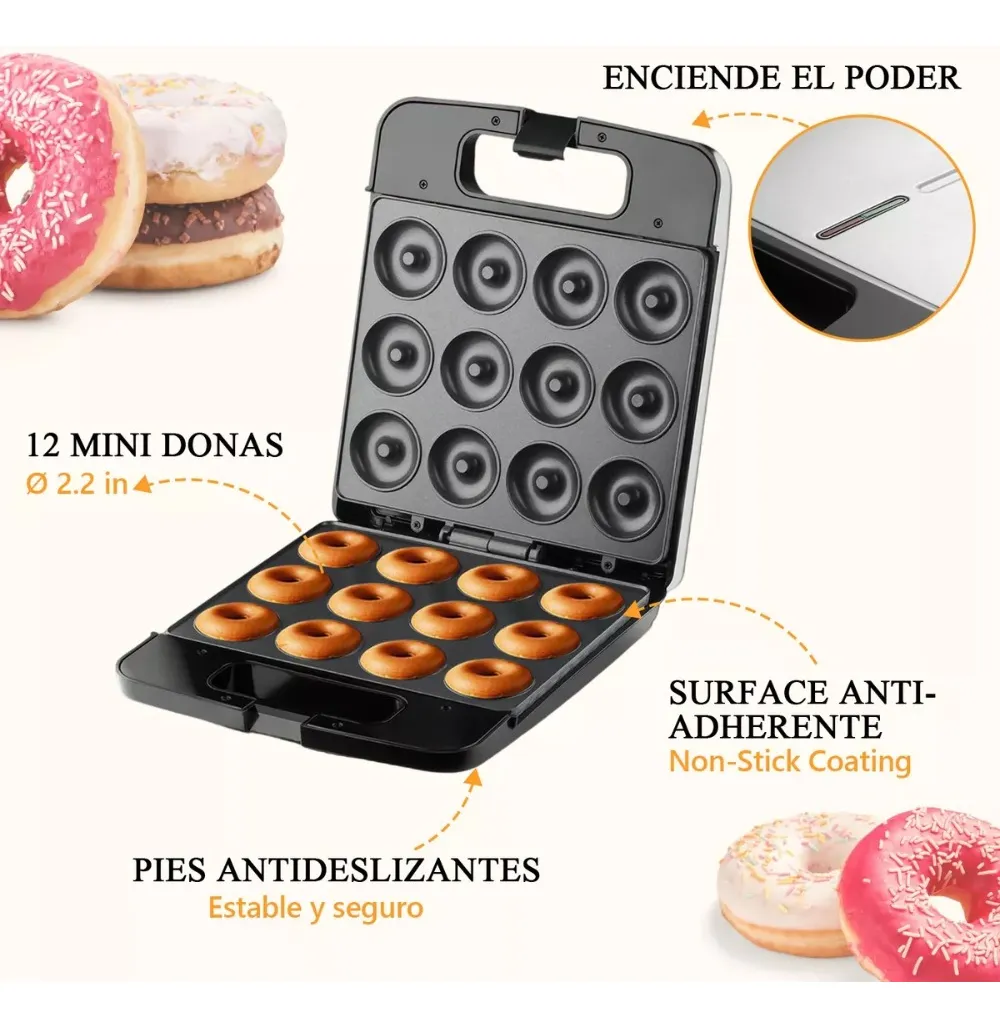 Máquina 12 Mini Donas 1400W Antiadherent